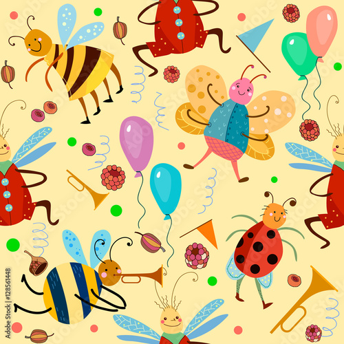 Cute insects seamless pattern funny bee caterpillar butterfly
