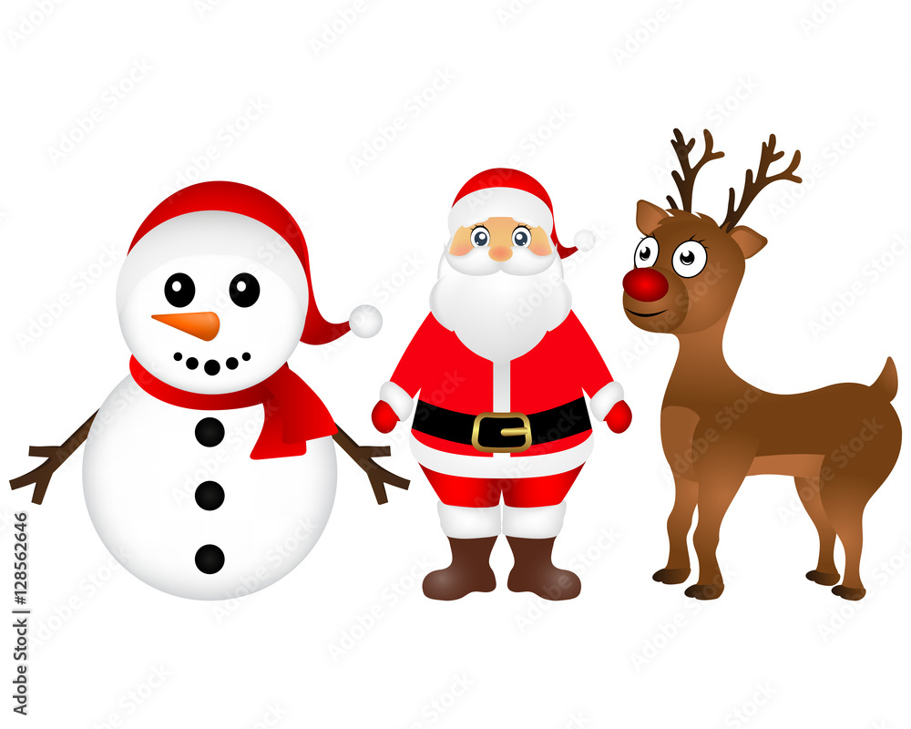 Santa Claus with reindeer and a snowman standing on  white back