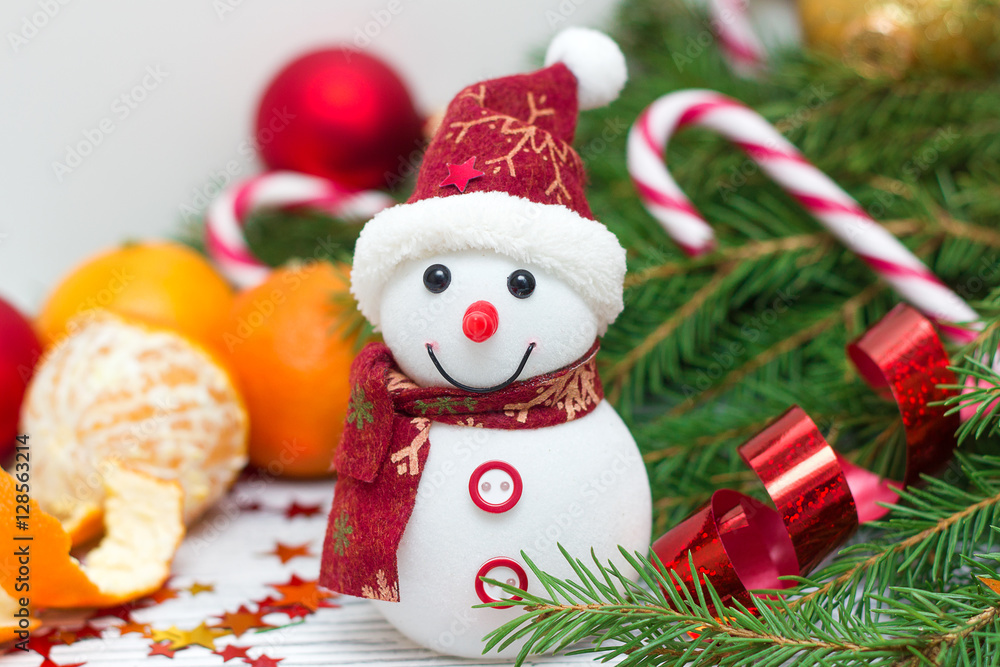 Рождественские украшения снеговик и шары