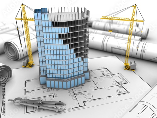 3d illustration of city building over house plan background with cranes