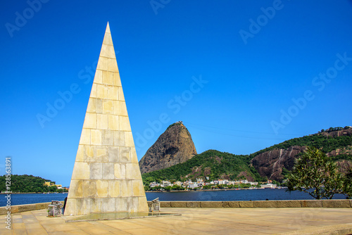 Pyramid Estacio de Sa in Park Flamengo  Aterro on the background of Sugarloaf mountain  Rio de Janeiro  Brazil