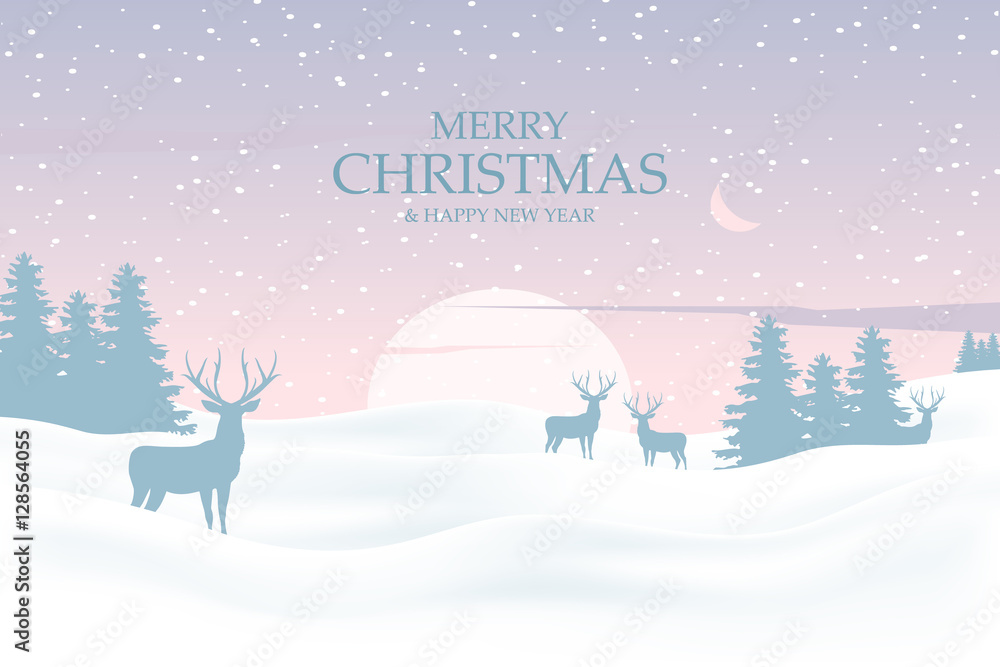 Christmas background with deers in forest. Winter landscape on background sunset