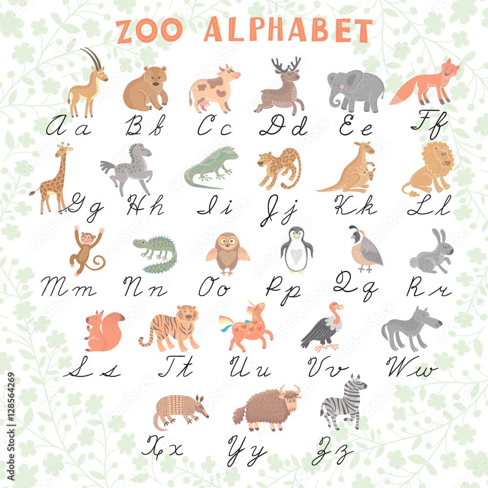 Obraz premium Cute vector zoo alphabet. Funny cartoon animals. Letters. Learn to read and to write. 