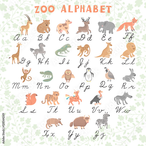 Fototapeta Naklejka Na Ścianę i Meble -  Cute vector zoo alphabet. Funny cartoon animals. Letters. Learn to read and to write. 