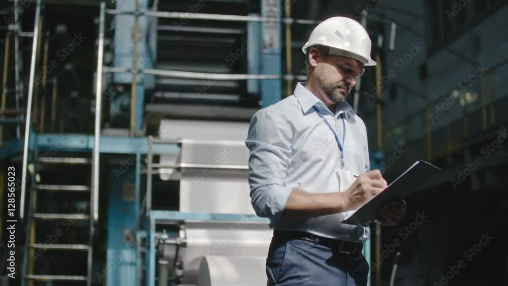 Bearded engineer in hard hat standing in factory workshop inspecting it and writing something down in clipboard Bearded engineer in hard hat standing in factory workshop inspecting it and writing something down in clipboard