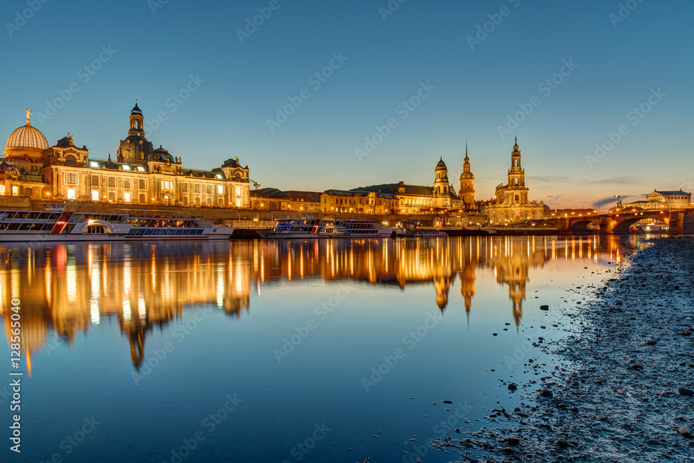 The famous skyline of Dresden in Germany at dawn