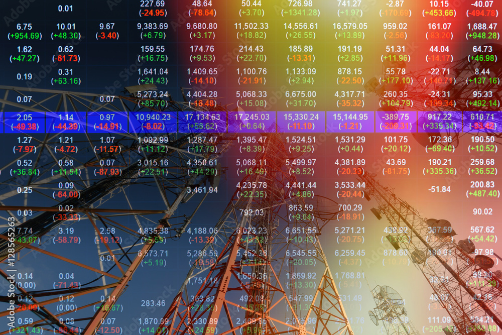 Fototapeta premium Double exposure of stocks market chart concept with telecommunication background