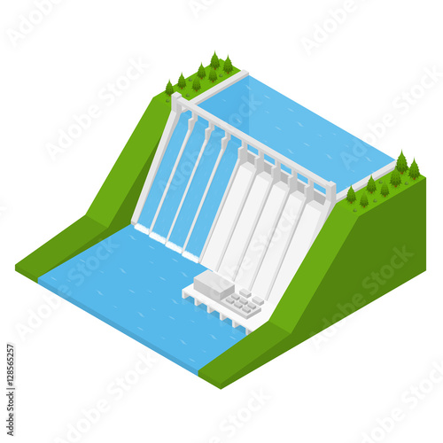 Hydroelectricity Power Station Isometric View. Vector