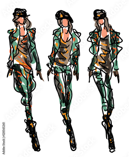      Sketch Fashion Models In Camouflage Clothes - military style