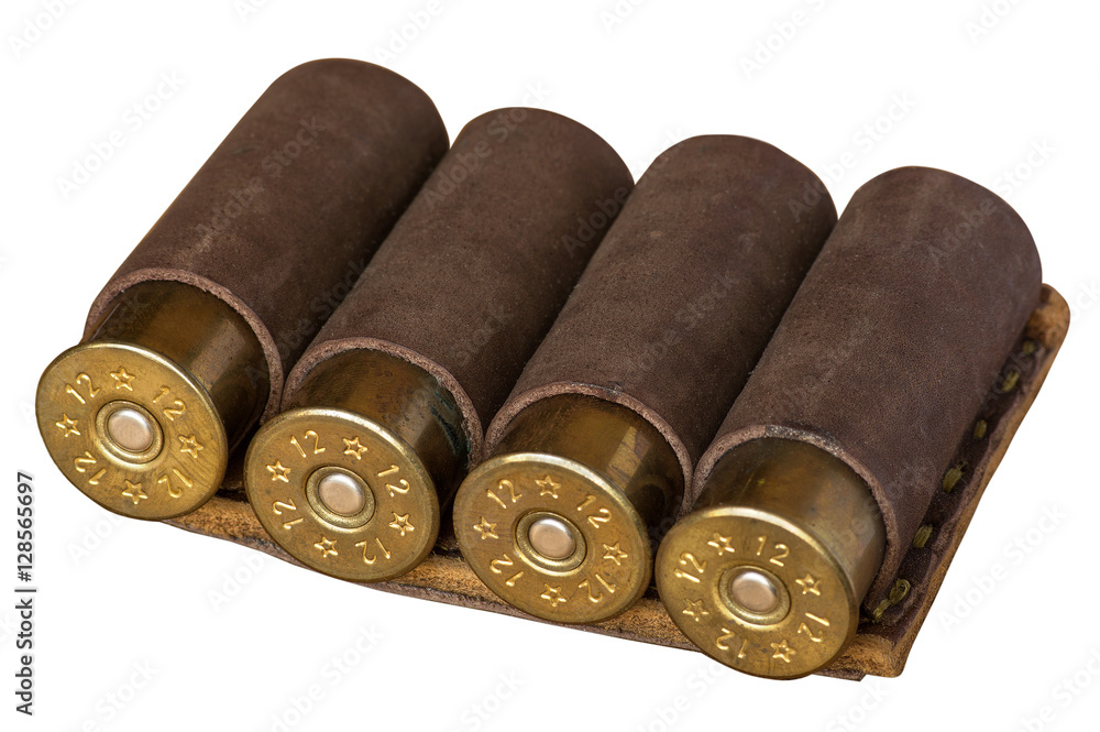 Hunting cartridges in leather ammunition belt isolated on white background