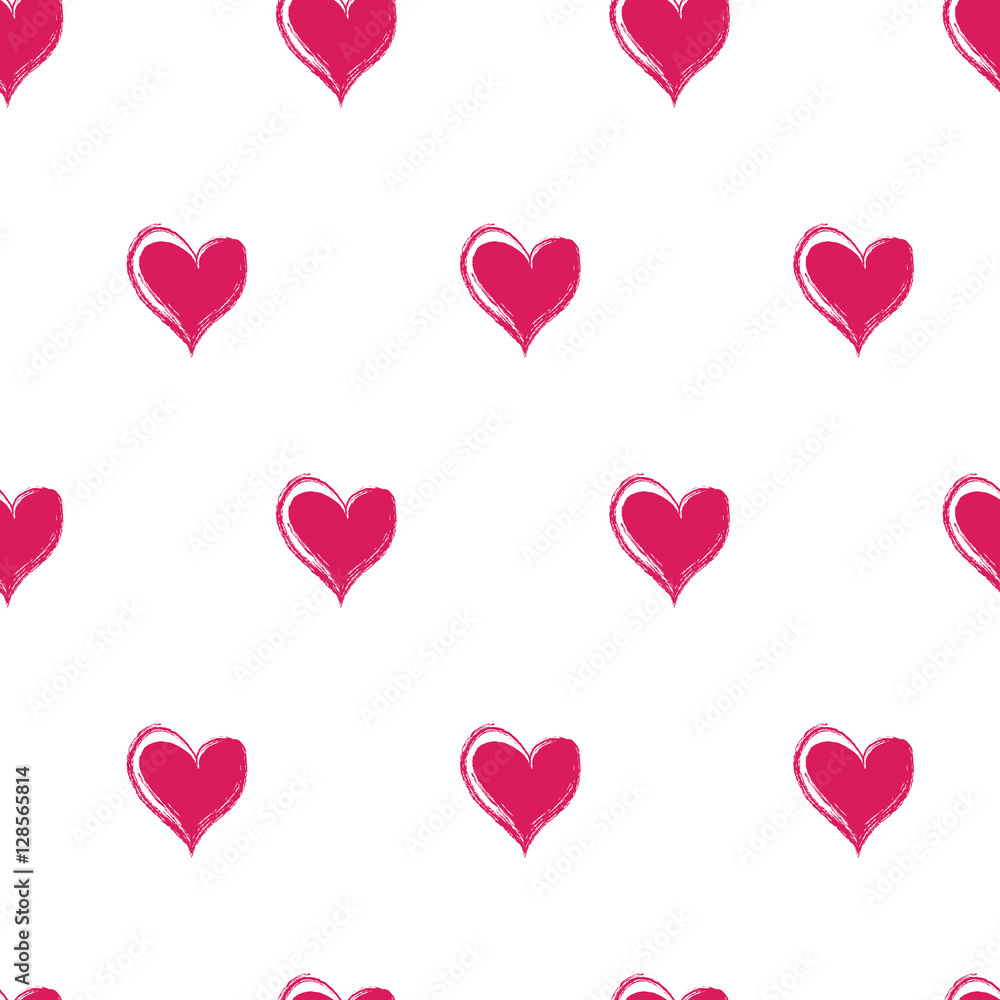 Seamless pattern with bright pink hearts on a white background, vector