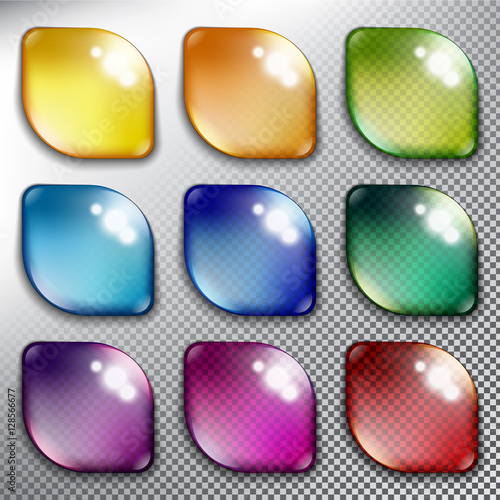 Abstract vector web buttons set of 9. Isolated with realistic, transparent glass shine and shadow on the light background. Vector illustration. Eps10.