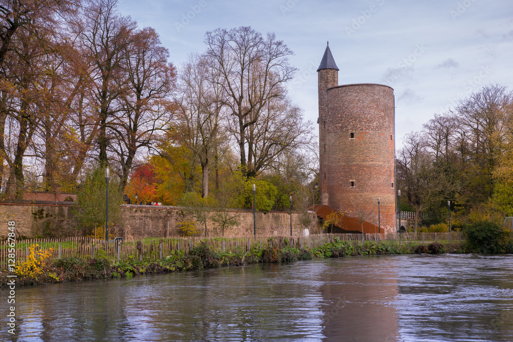 Fototapeta premium Tower in Minnewater park in Bruges, Belgium