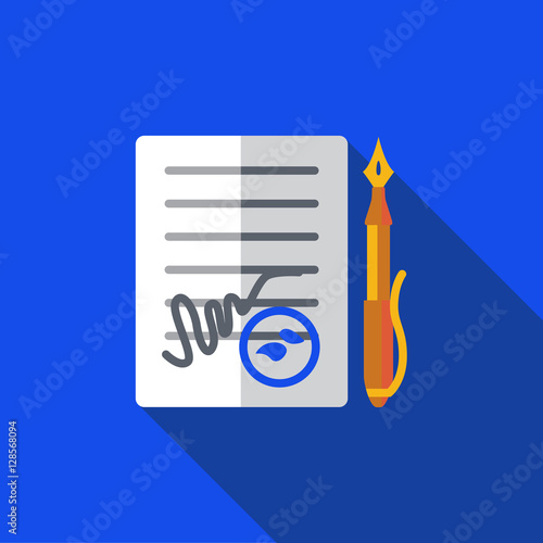 Vector icon or illustration with contract and pen in flat design style