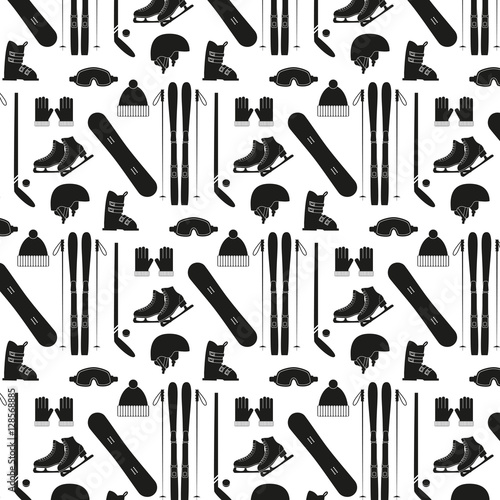 Seamless pattern with winter sports equipment on white backgroun