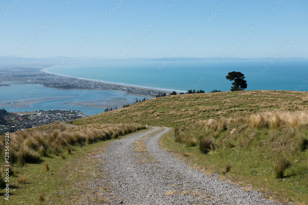 View to Pegasus Bay and Christchurch from hill top