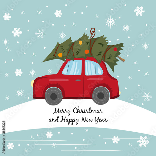 Red car with Christmas tree on the winter background.