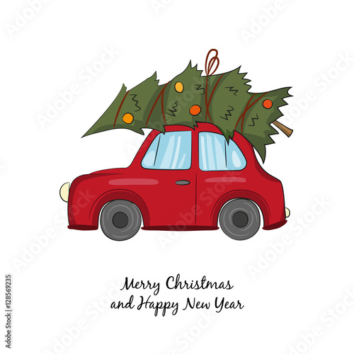 Red car with Christmas tree on the white background.