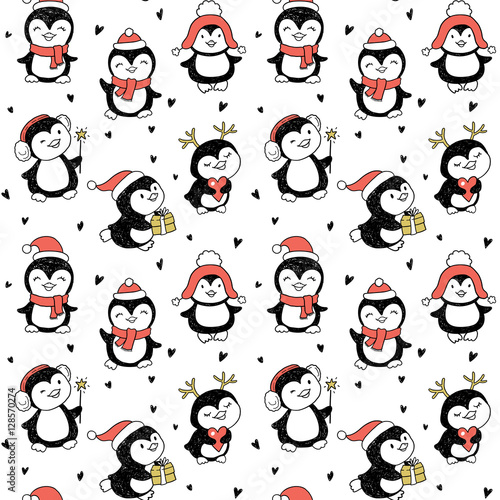 seamless pattern with Winter Holidays cute vector penguins set
