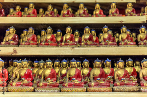 The group of small buddha statues in buddhists temple in Nepal
