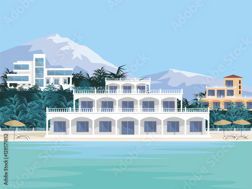 Abstract image of a large, beautiful country house. Luxury Villa on the seafront, surrounded by palm trees. Vector background.