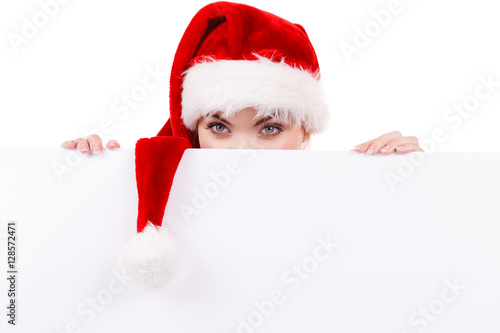 Woman with blank empty banner board. Christmas © Voyagerix
