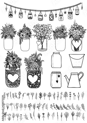 Big set of mason jars and wild flowers for design element for wedding cards, gift card, Valentines card and so on. Stock Vector