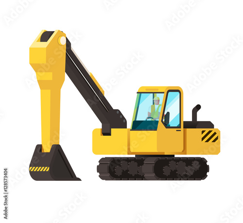 Vector illustration with cartoon flat industrial excavator. Vect