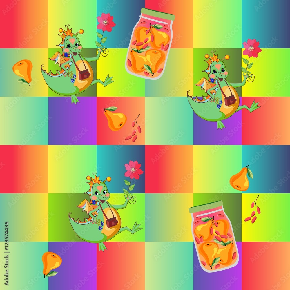 Obraz premium Beautiful childish patchwork pattern with cute cartoon dragon, jar of pear compote and fruits on background of colored squares. Print for fabric.