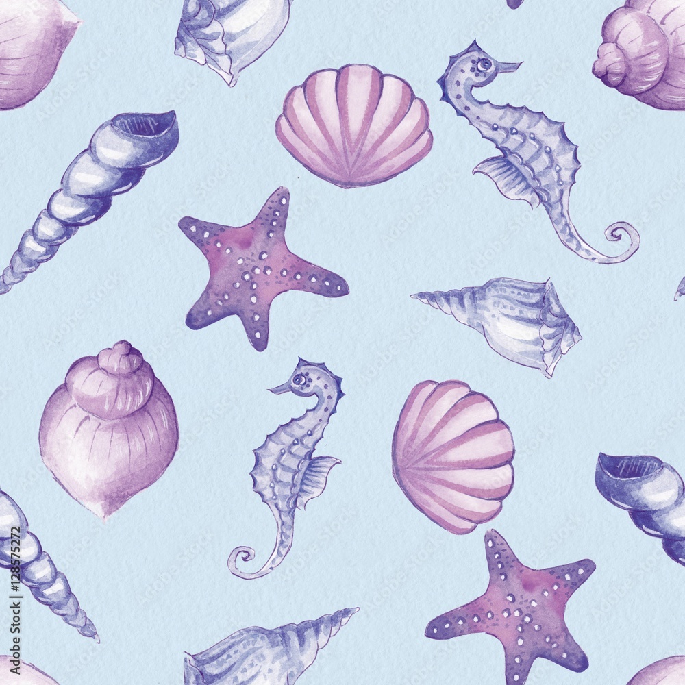 Hand drawn watercolor seamless pattern with seashells 1 Hand drawn watercolor seamless pattern with seashells 1