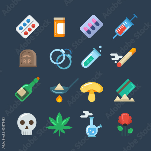 Illegal drug tablets, alcohol addiction, methamphetamine abuse vector flat icons
