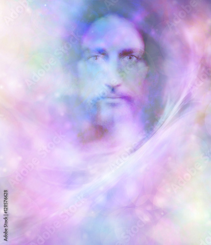 Watching Over You - rainbow colored bokeh background with an ethereal spirit face and copy space 