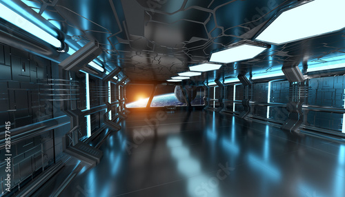 Spaceship interior with view on the planet Earth 3D rendering el