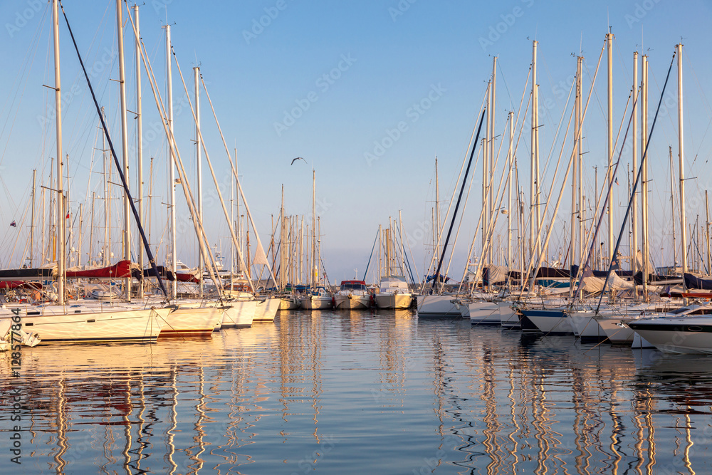 beautiful white modern yachts at sea port in sunset time