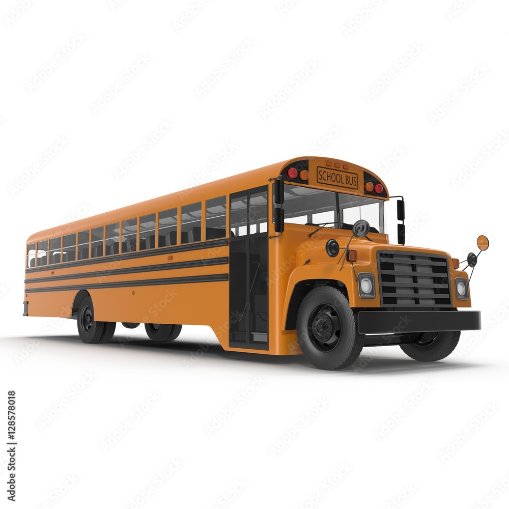 Traditional yellow schoolbus isolated on white. 3D illustration