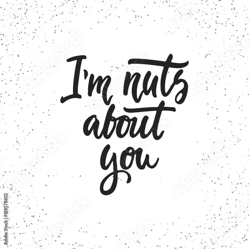 I'm nuts about you - hand drawn lettering phrase isolated on the white grunge background. Fun brush ink inscription for photo overlays, greeting card or t-shirt print, poster design