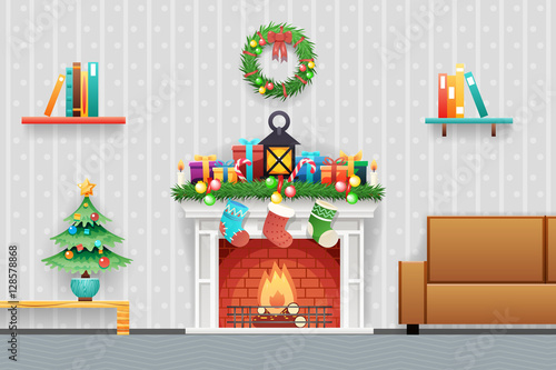 Christmas New Year House Interior Living Room Furniture Icons Set Flat Design Vector Illustration