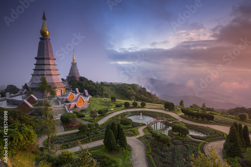 Landscape of two pagodas Noppamethanedol & Noppapol Phumsiri in an Inthanon mountain, Thailand.