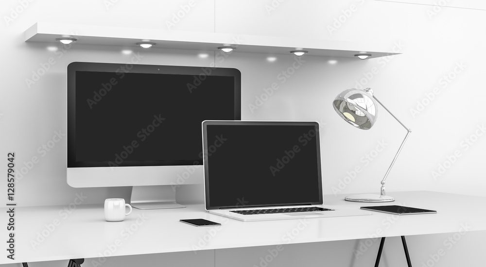 Fototapeta premium Modern white desk interior with computer and devices 3D renderin