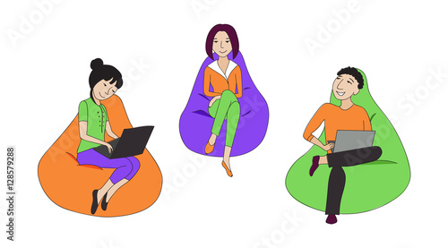 People sitting and working in a bean bag chair