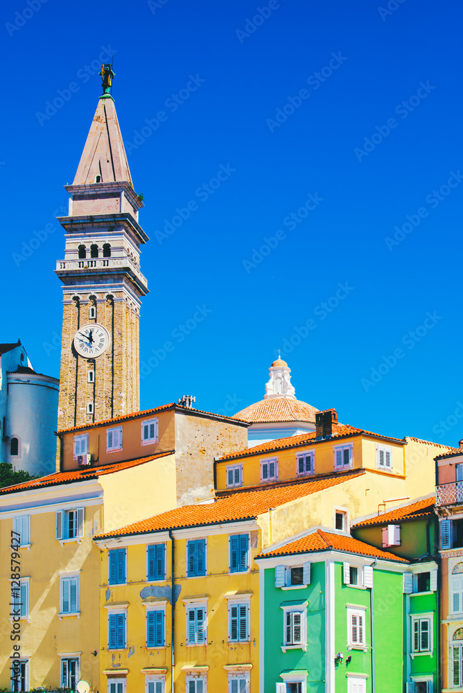 Tower and colorful facades in Piran, Slovenia