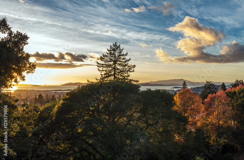 Panorama Golden Glow Sunset of San Francisco Bay looking over East Bay Berkeley