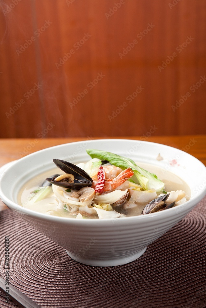 Chinese-style noodles with vegetables and seafood, 백짬뽕, beak jjamppong, White Spicy Seafood Noodle Soup Chinese-style noodles with vegetables and seafood, 백짬뽕, beak jjamppong, White Spicy Seafood Noodle Soup