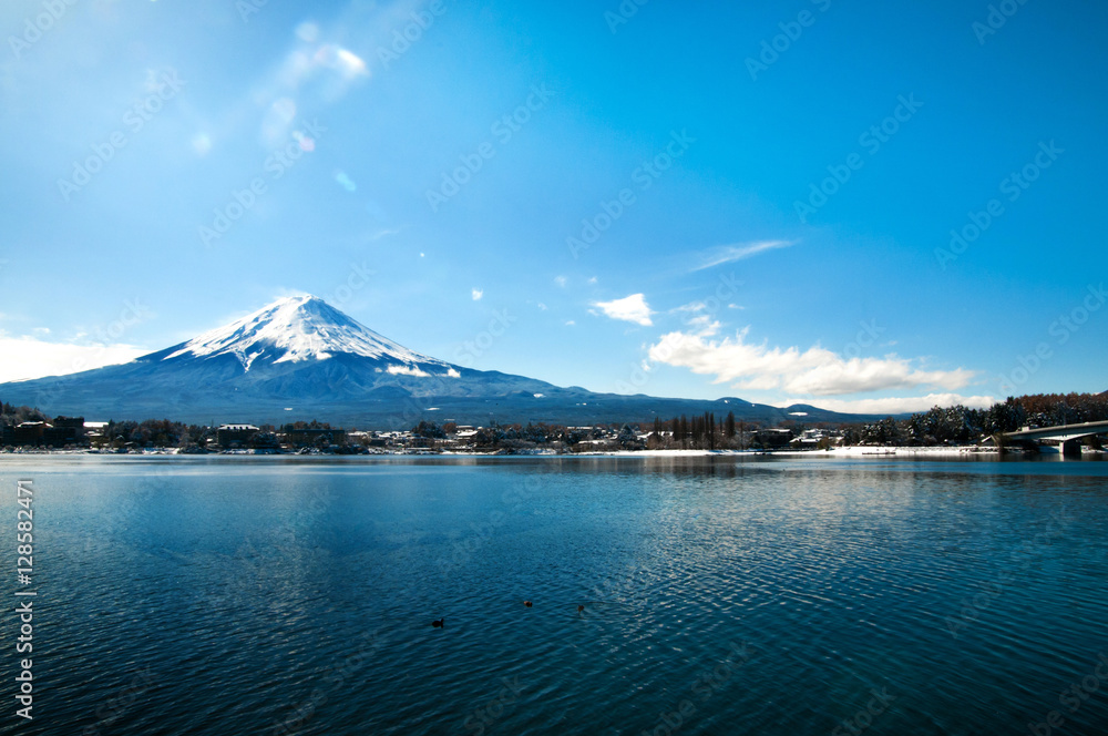 Mt Fuji in the early morning with reflection on the lake kawaguc