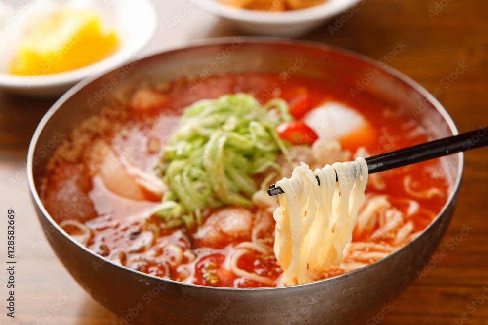 Chinese-style noodles with vegetables and seafood, 냉짬뽕, naeng jjamppong, cold JJamppong Chinese-style noodles with vegetables and seafood, 냉짬뽕, naeng jjamppong, cold JJamppong