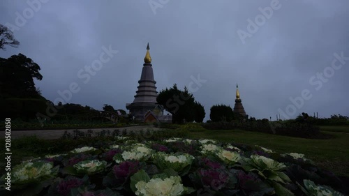 Timelapse of Two pagodas Noppamethanedol & Noppapol Phumsiri in the mist in an Inthanon mountain, Chiang Mai, Thailand.