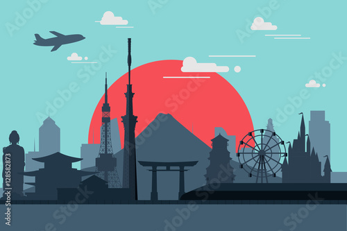 Canvas Print Silhouette illustration of Tokyo city in Japan.Japan landmarks F