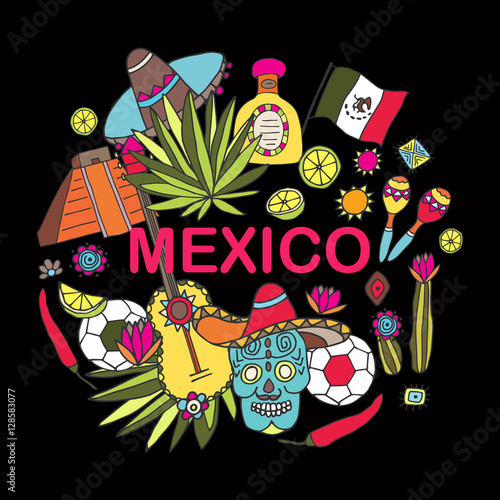 Doodles hand drawn science illustration of Mexico. Vector illust