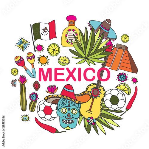 Doodles hand drawn science illustration of Mexico. Vector illust