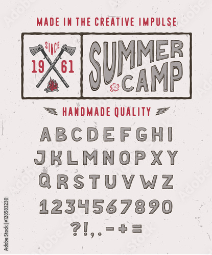 SUMMER CAMP FONT crafted retro vintage typeface design. Original hand made lettering type alphabet on white (light) background. Authentic handwritten set of characters, vector letters.